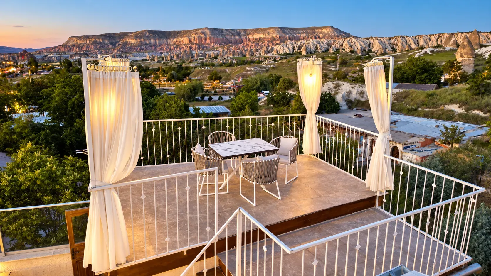 Terrace table with valley view at sunset